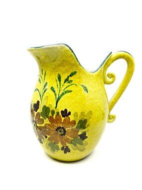 Hand-Painted Italian Ceramic Pitcher With Floral Design & Curved Handle - Yellow